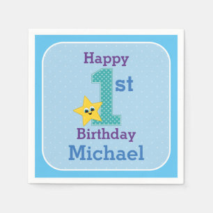 First Birthday Boy, Blue, Yellow Star with Name Napkins
