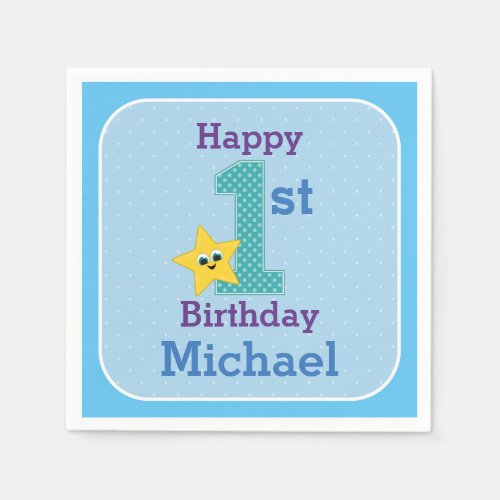 First Birthday Boy Blue Yellow Star with Name Napkins