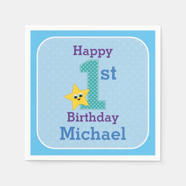 First Birthday Boy, Blue, Yellow Star with Name Napkins (Front)