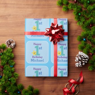 First Birthday Boy, Blue Yellow Star with Name Wrapping Paper