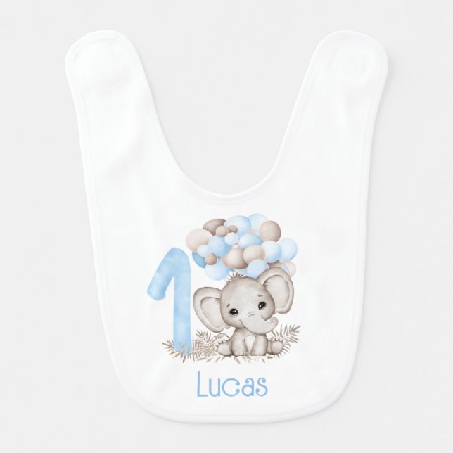 First Birthday Boy Cute Blue Elephant Baby Bib (Front)