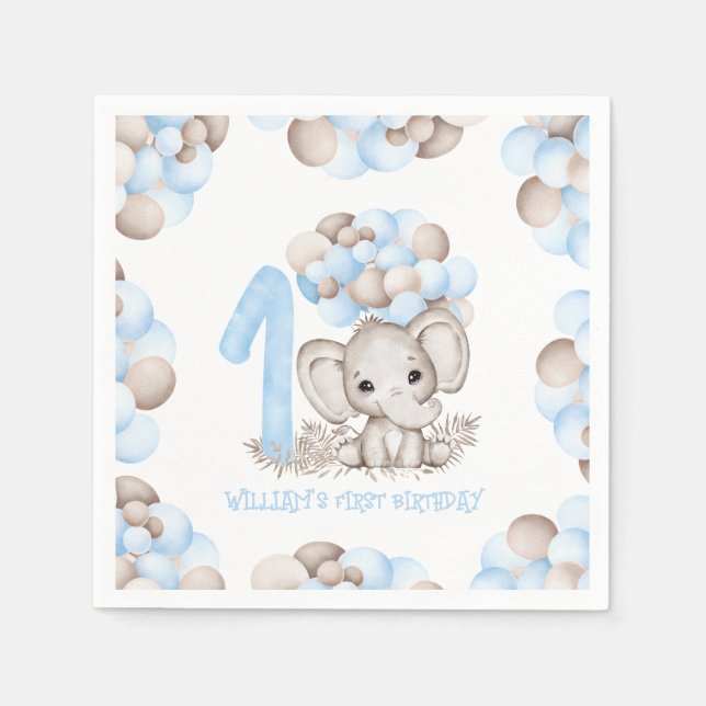 First Birthday Boy Cute Elephant Napkins (Front)