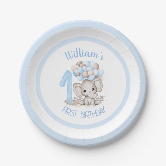 First Birthday Boy Cute Elephant Paper Plates (Front)