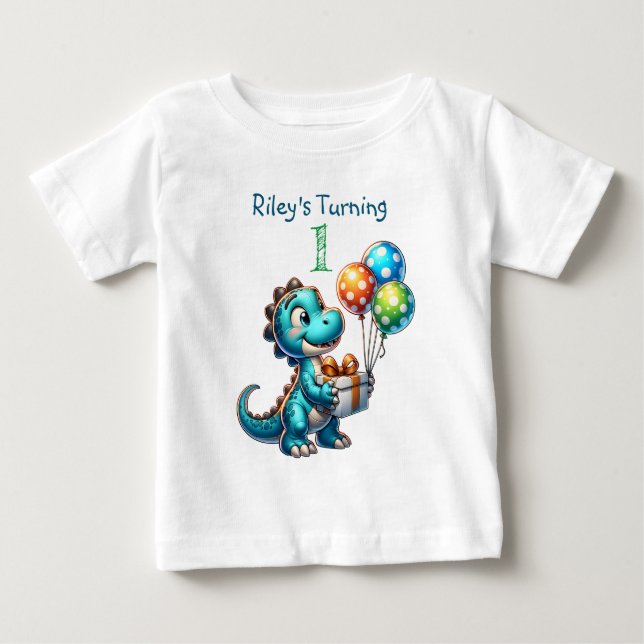 First Birthday Boy Dinosaur Name and Age Baby T-Shirt (Front)