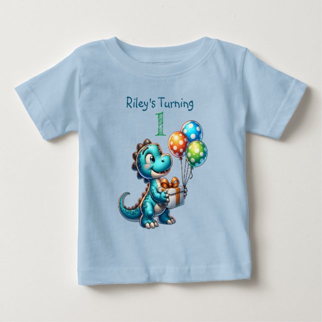 First Birthday Boy Dinosaur Name and Age Baby T-Shirt (Front)