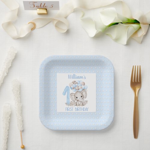 First Birthday Boy Elephant Blue Paper Plates