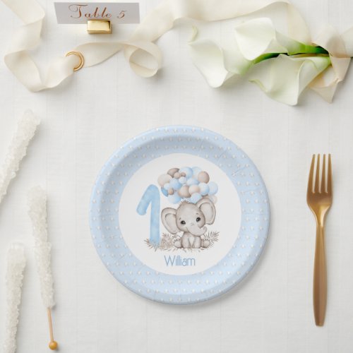 First Birthday Boy Elephant Blue Paper Plates