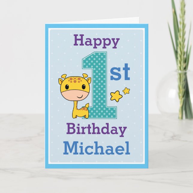 First Birthday Boy, Giraffe  Card (Front)
