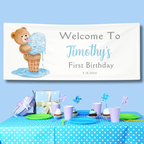 First Birthday Boy Teddy Bear Ice Cream Banner