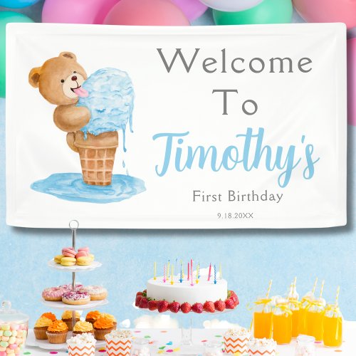 First Birthday Boy Teddy Bear Ice Cream Banner