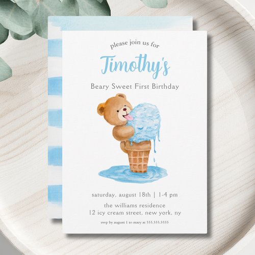 First Birthday Boy Teddy Bear Ice Cream Invitation