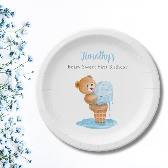 First Birthday Boy Teddy Bear Ice Cream Paper Plates (Creator Uploaded)