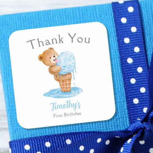 First Birthday Boy Teddy Bear Ice Cream Square Sticker