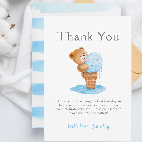 First Birthday Boy Teddy Bear Ice Cream Thank You Card