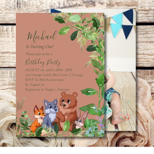 First Birthday Boy Woodland forest animal photo Invitation