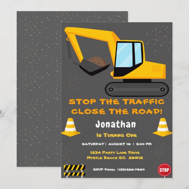  First Birthday Boys Construction Party  Invitation (Front/Back)