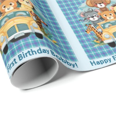First Birthday Boy's Custom Name Safari Animals Wrapping Paper