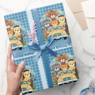 First Birthday Boy's Custom Name Safari Animals Wrapping Paper