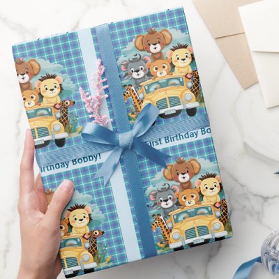 First Birthday Boy's Custom Name Safari Animals Wrapping Paper