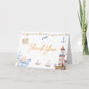 First Birthday Boys Nautical Blue Lighthouse Letterpress Thank You Card