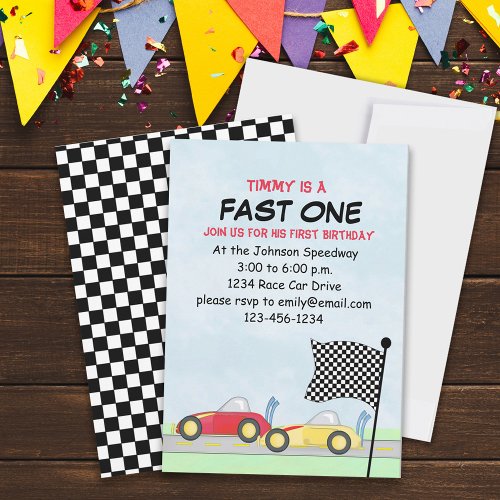 First Birthday Boys Race Cars Cute Fast One Invitation