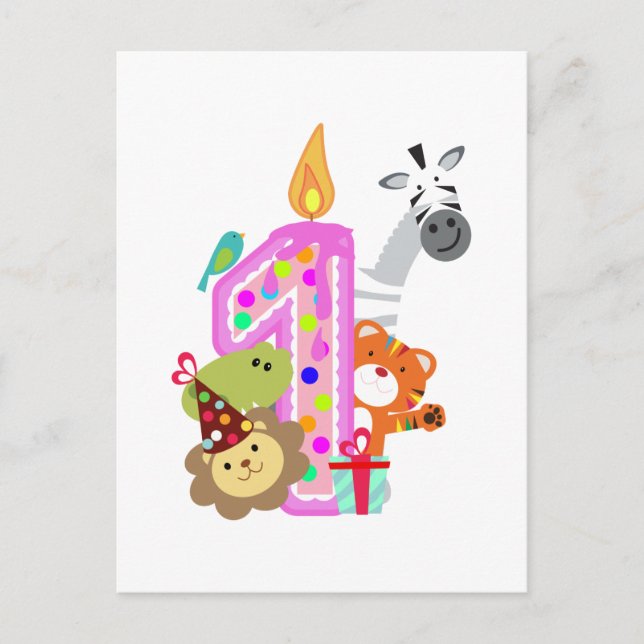 first birthday candle zoo party animals postcard (Front)