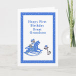 First Birthday Card Great Grandson<br><div class="desc">First birthday card for your Great Grandson This card has two cute drawn cats and an old retro hobby horse. The colors are blue and white.  Thanks to Bsilvia and Fidget Resources for some of the elements in the design.</div>