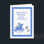 First Birthday Card Great Grandson<br><div class="desc">First birthday card for your Great Grandson This card has two cute drawn cats and an old retro hobby horse. The colors are blue and white.  Thanks to Bsilvia and Fidget Resources for some of the elements in the design.</div>