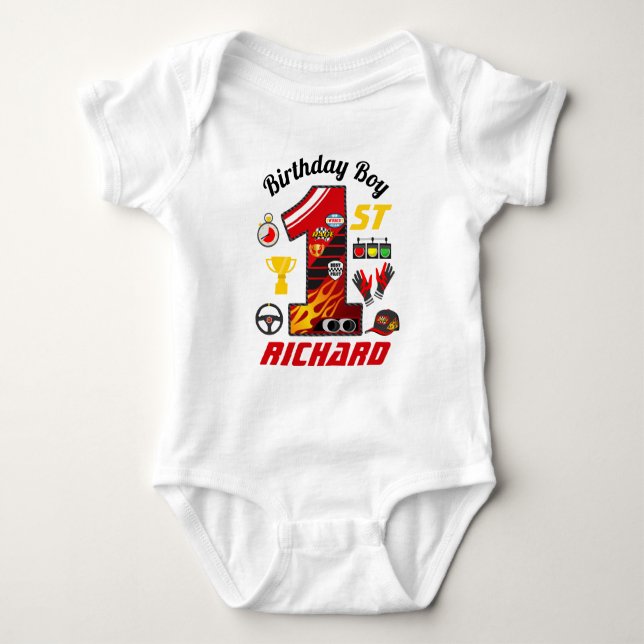 First Birthday cars | Racing Birthday Boy  Baby Bodysuit (Front)