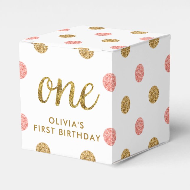 First Birthday Celebration Pink & Gold Glitter One Favor Boxes (Front Side)