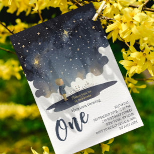 First Birthday Celestial Watercolor Boy Photo Invitation