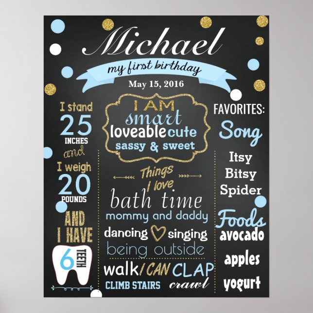 First Birthday Chalkboard sign confetti blue boy (Front)