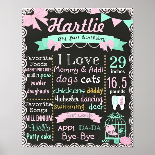 First Birthday chalkboard sign mint pink bow pearl