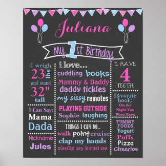 First Birthday Chalkboard Sign, Pink, Purple, Blue Poster
