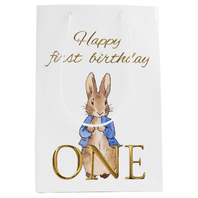 First Birthday Classic Rabbit in blue jacket Medium Gift Bag (Front)