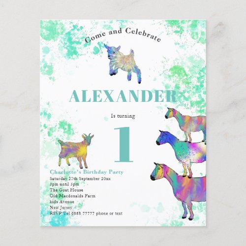 First birthday colorful Watercolor Goats Flyer