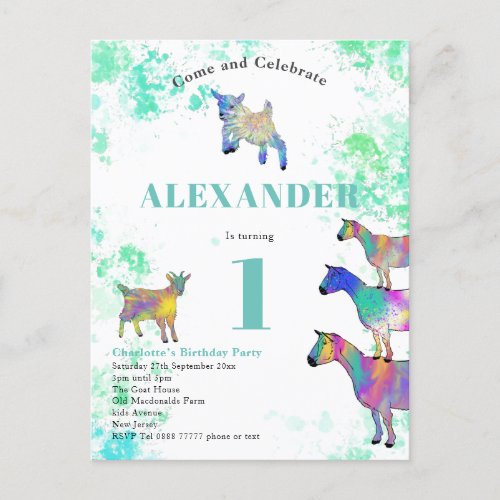 First birthday colorful Watercolor Goats Invitation Postcard