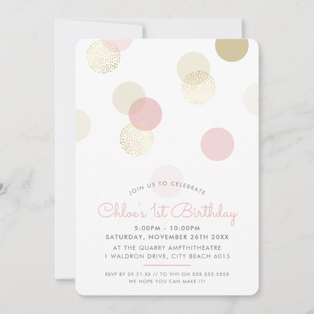 FIRST BIRTHDAY confetti spots blush pink gold Invitation (Front)