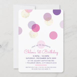FIRST BIRTHDAY confetti spots pink purple gold Invitation