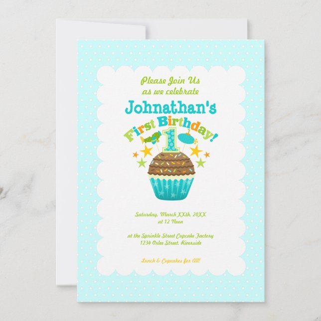 First Birthday Cupcake (Boys) Invitation (Front)