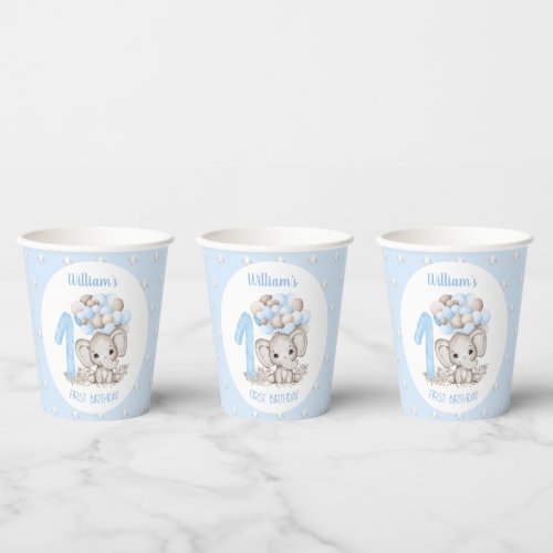 First Birthday Cups with Cute Elephant Blue