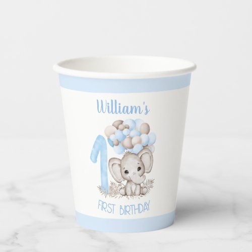 First Birthday Cups with Cute Elephant Blue