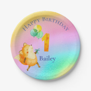 First Birthday Custom Name Rainbow Balloons  Paper Plates