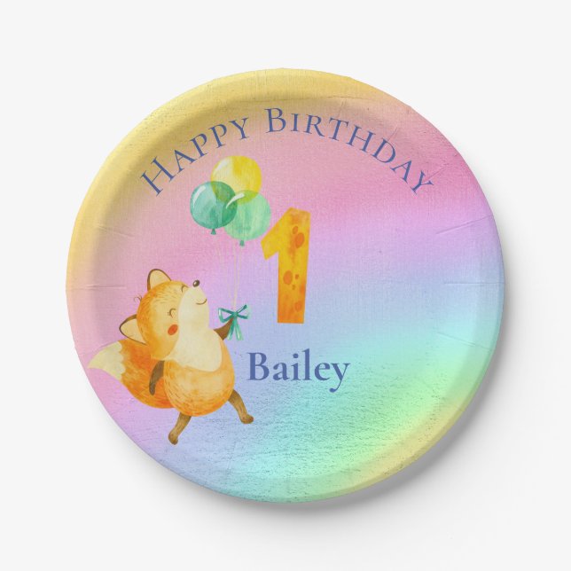 First Birthday Custom Name Rainbow Balloons  Paper Plates (Front)