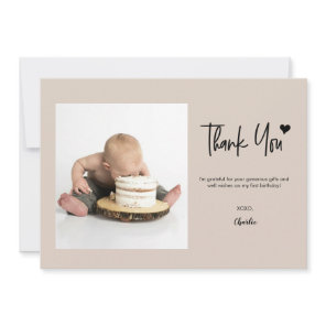 First Birthday Custom Photo Modern Neutral Thank You Card