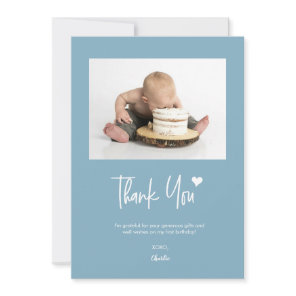 First Birthday Custom Photo Modern Script blue Thank You Card