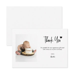 First Birthday Custom Photo Modern script note  Thank You Card