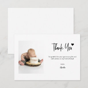 First Birthday Custom Photo Modern script note  Thank You Card
