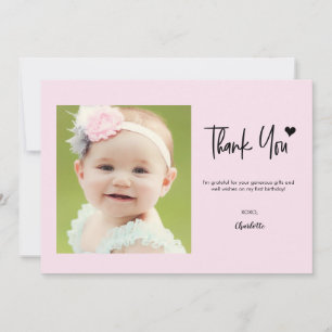 First Birthday Custom Photo Pink handlettering  Thank You Card