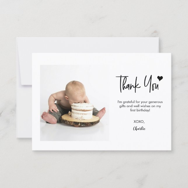 First Birthday Custom Photo small Modern Script Thank You Card (Front)